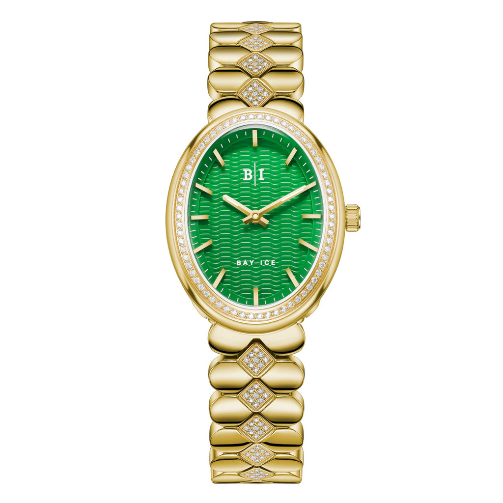 Bay Ice Halo - 26mm Diamond Bezel Mid Link Gold and Green Dial