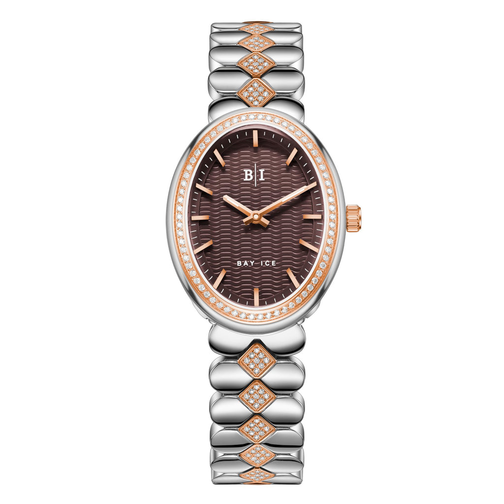 Bay Ice Halo - 26mm Watch, Iced Bezel Mid Link 2 Tone Rose Gold and Chocolate Dial
