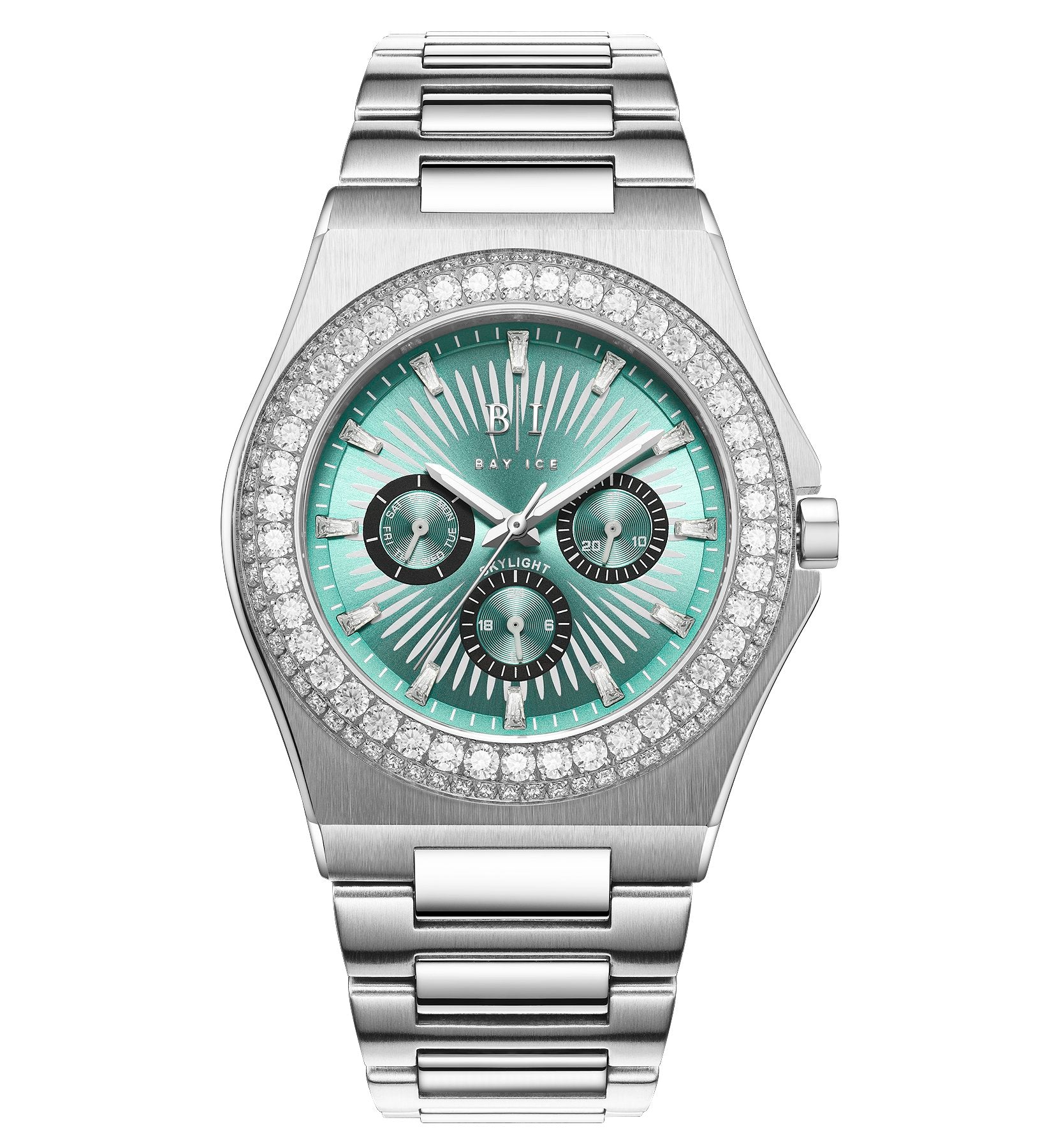 Diamond Bezel - Bay Ice Skylight Watch in Silver and Turquoise Blue Dial