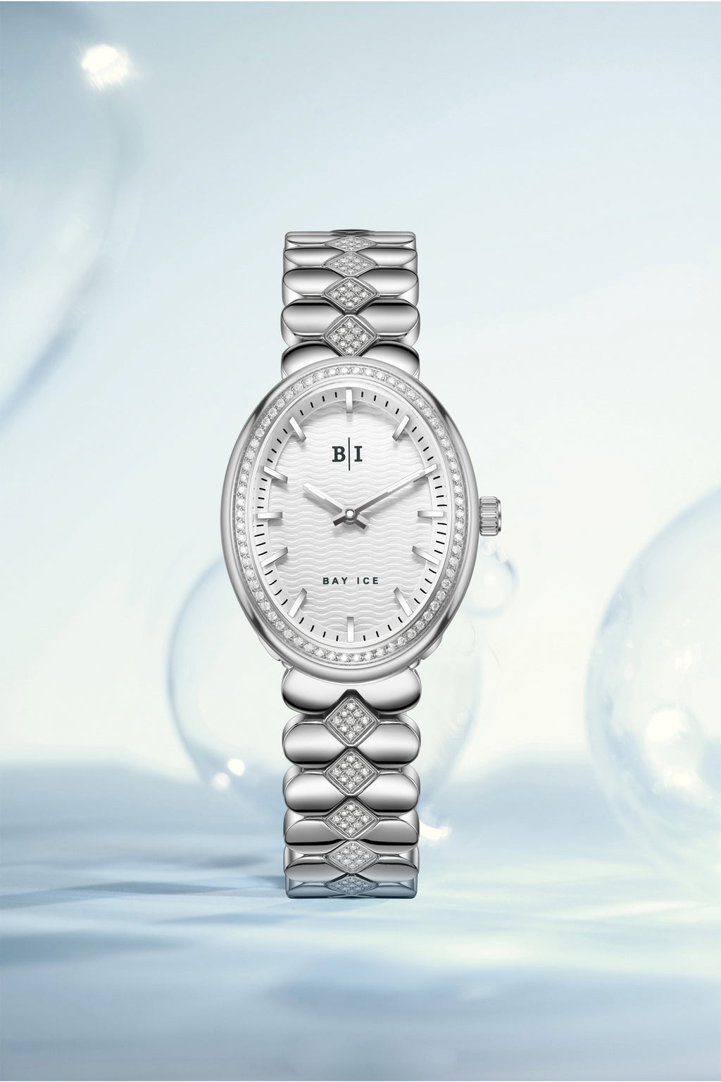 Bay Ice Halo - 26mm Diamond Bezel Mid Link Silver and White Dial