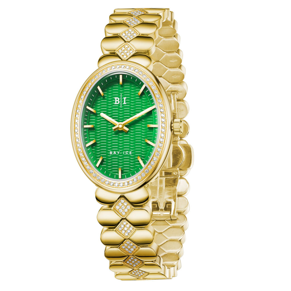 Bay Ice Halo - 26mm Diamond Bezel Mid Link Gold and Green Dial