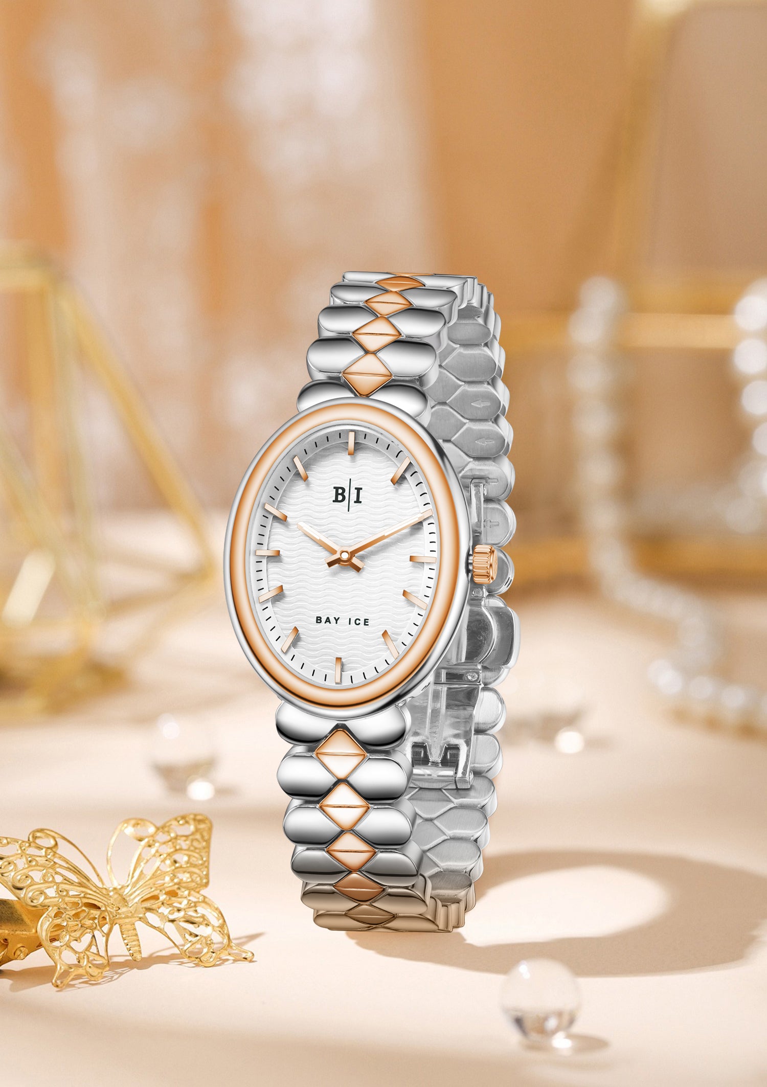 Bay Ice Halo - 26mm Watch Plain 2 Tone Rose Gold and White Dial