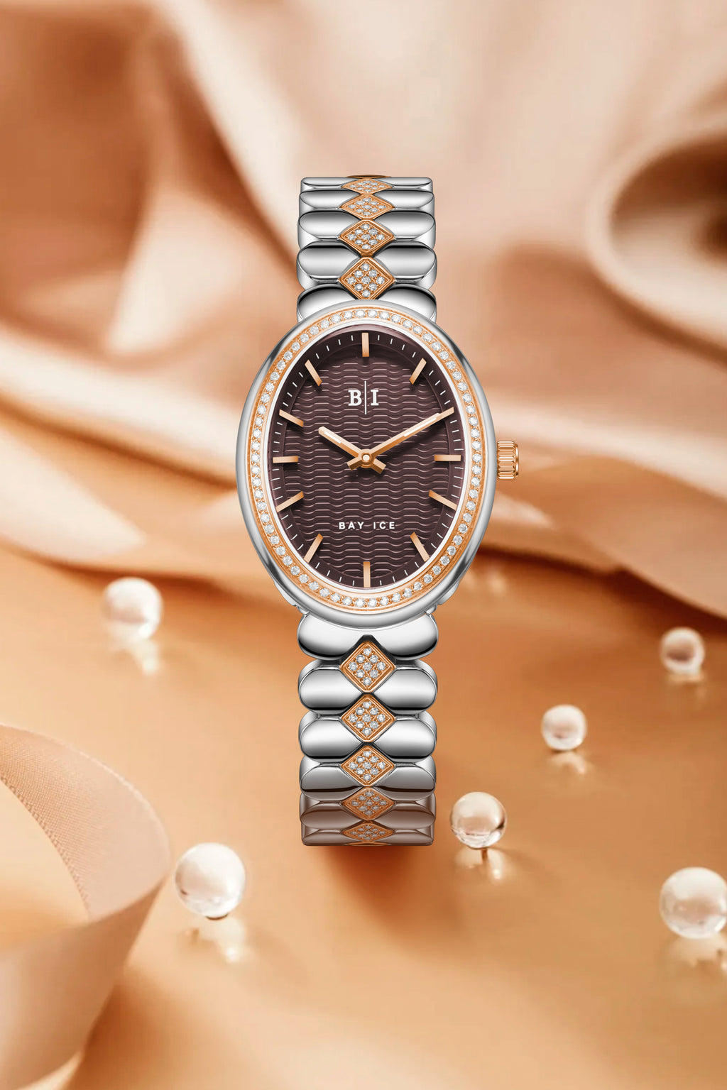 Bay Ice Halo - 26mm Watch, Iced Bezel Mid Link 2 Tone Rose Gold and Chocolate Dial