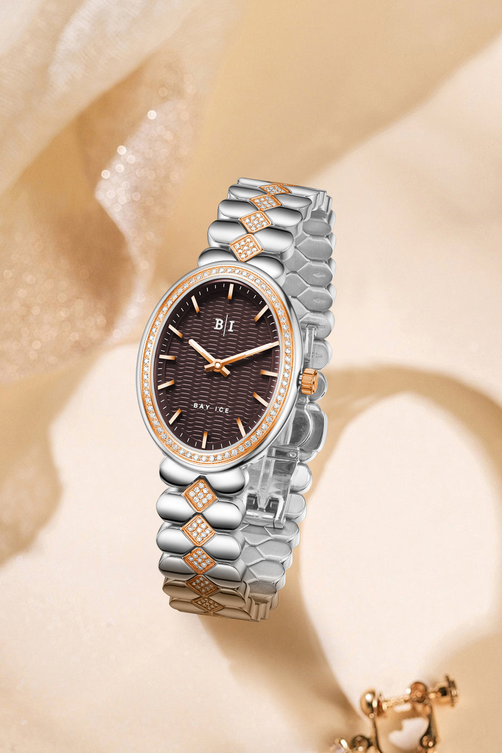 Bay Ice Halo - 26mm Watch, Iced Bezel Mid Link 2 Tone Rose Gold and Chocolate Dial