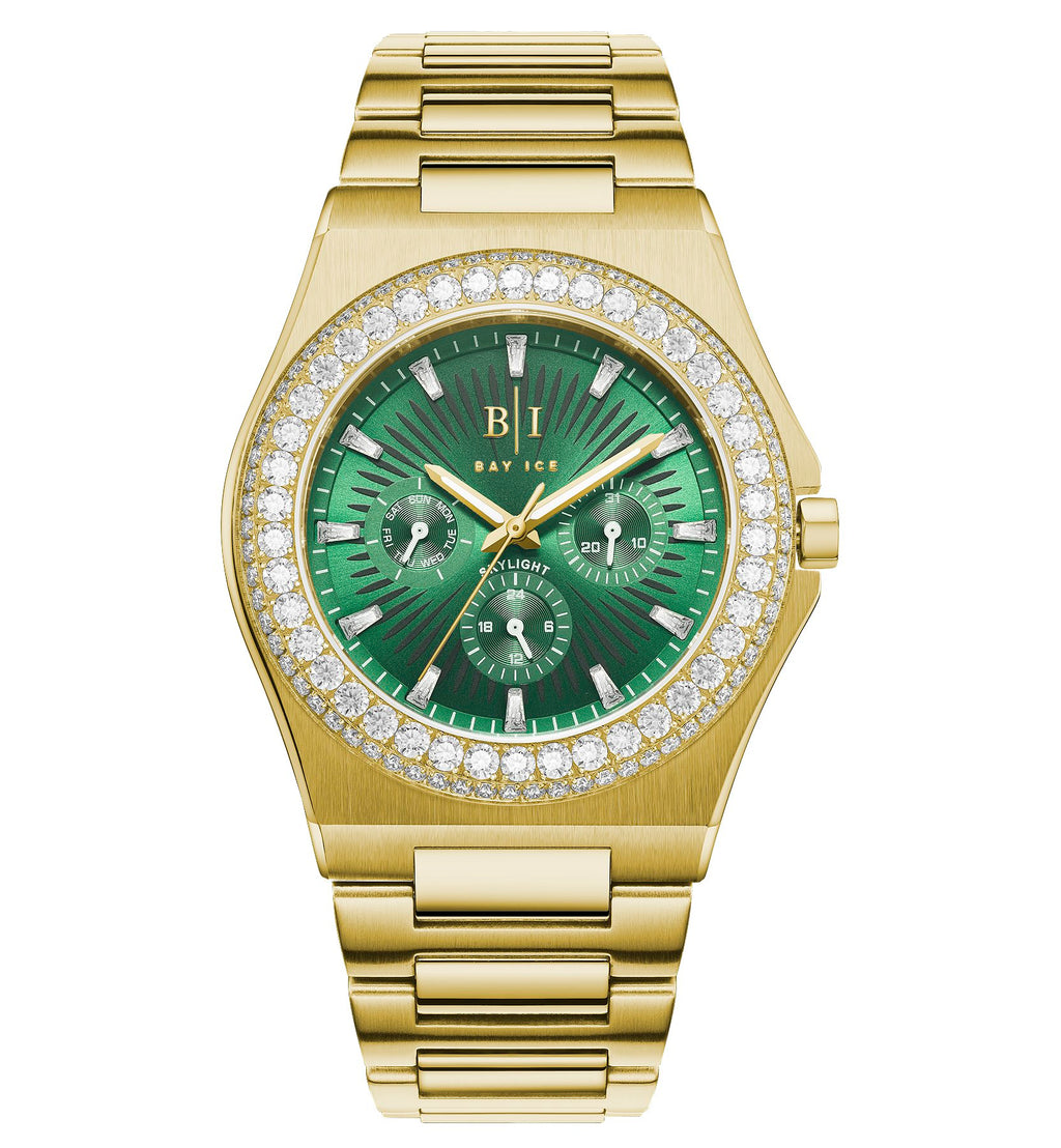Diamond Bezel - Bay Ice Skylight Watch in Gold and Green Dial