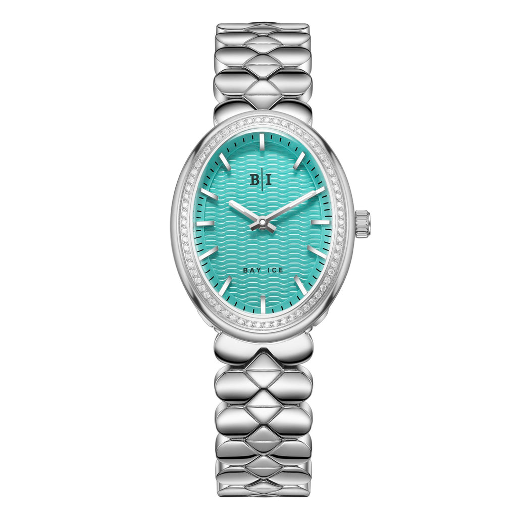 Bay Ice Halo - 26mm 0.3ct VVS Natural Diamond Bezel Silver and Turquoise Blue Dial