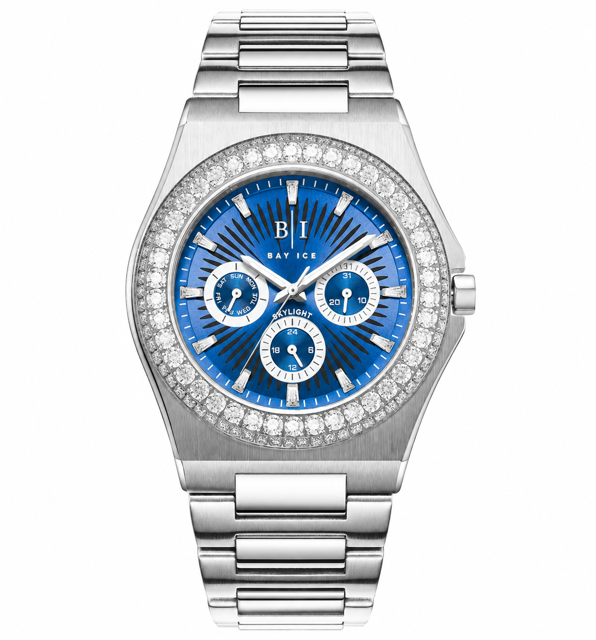 Diamond Bezel - Bay Ice Skylight Watch in Silver and Blue Dial