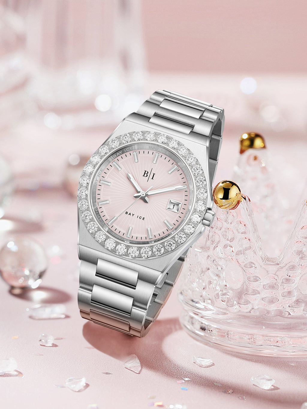 Diamond Bezel - Bay Ice 36mm Fusion Watch in Silver and Pink Dial
