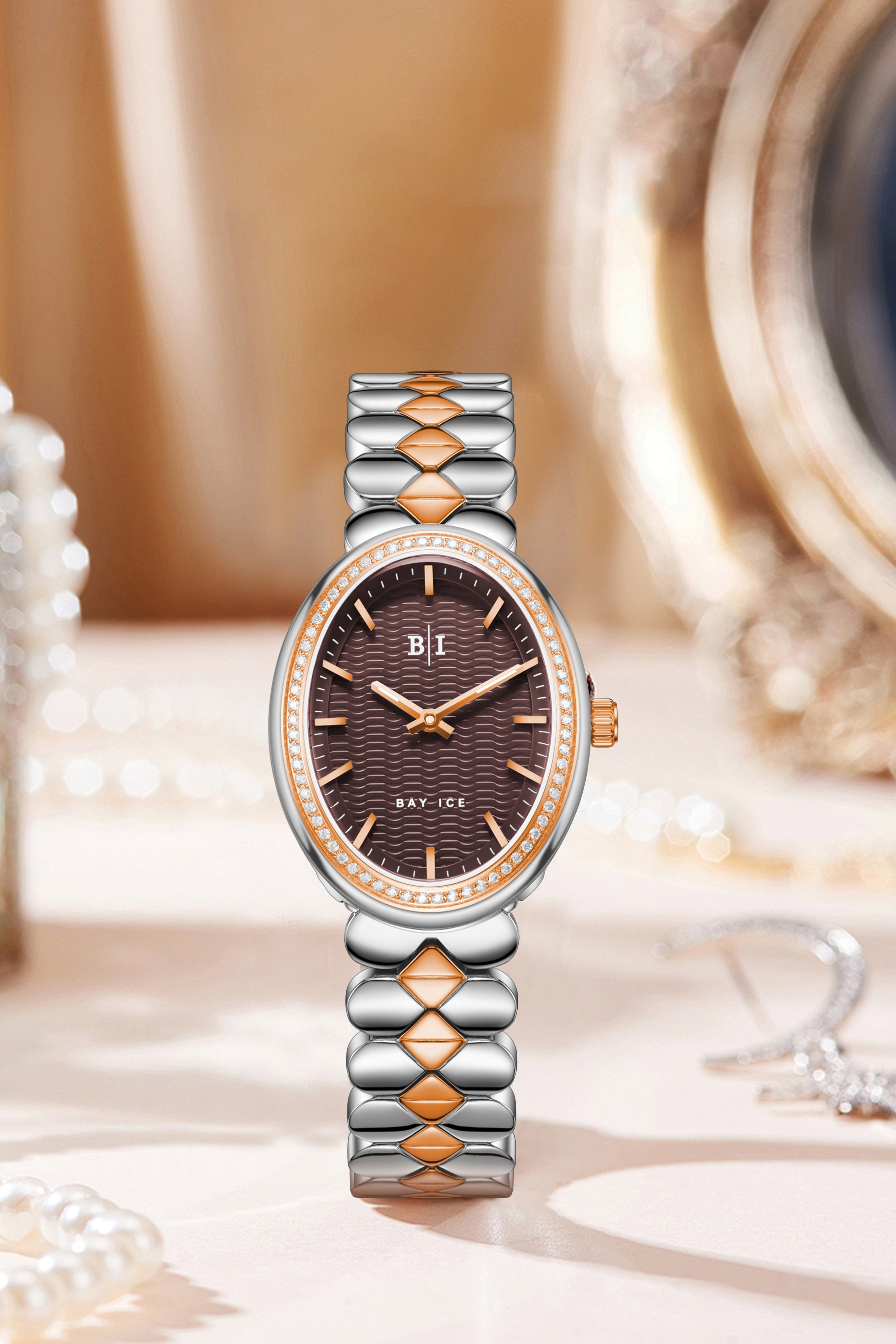 Bay Ice Halo - 26mm 0.3ct VVS Natural Diamonds Bezel 2Tone Rose Gold and Chocolate Dial