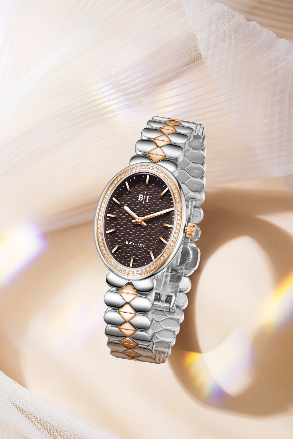 Bay Ice Halo - 26mm 0.3ct VVS Natural Diamonds Bezel 2Tone Rose Gold and Chocolate Dial