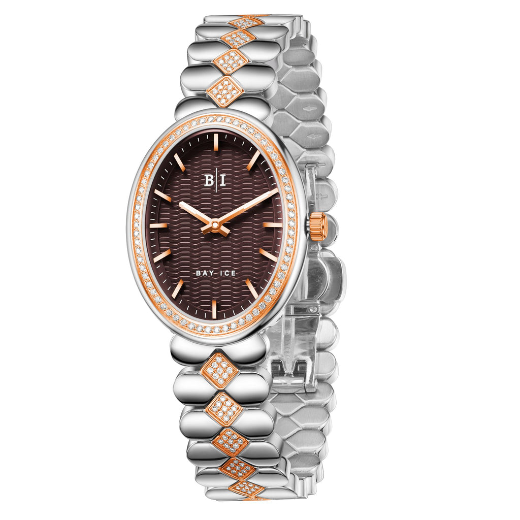 Bay Ice Halo - 26mm Watch, Iced Bezel Mid Link 2 Tone Rose Gold and Chocolate Dial