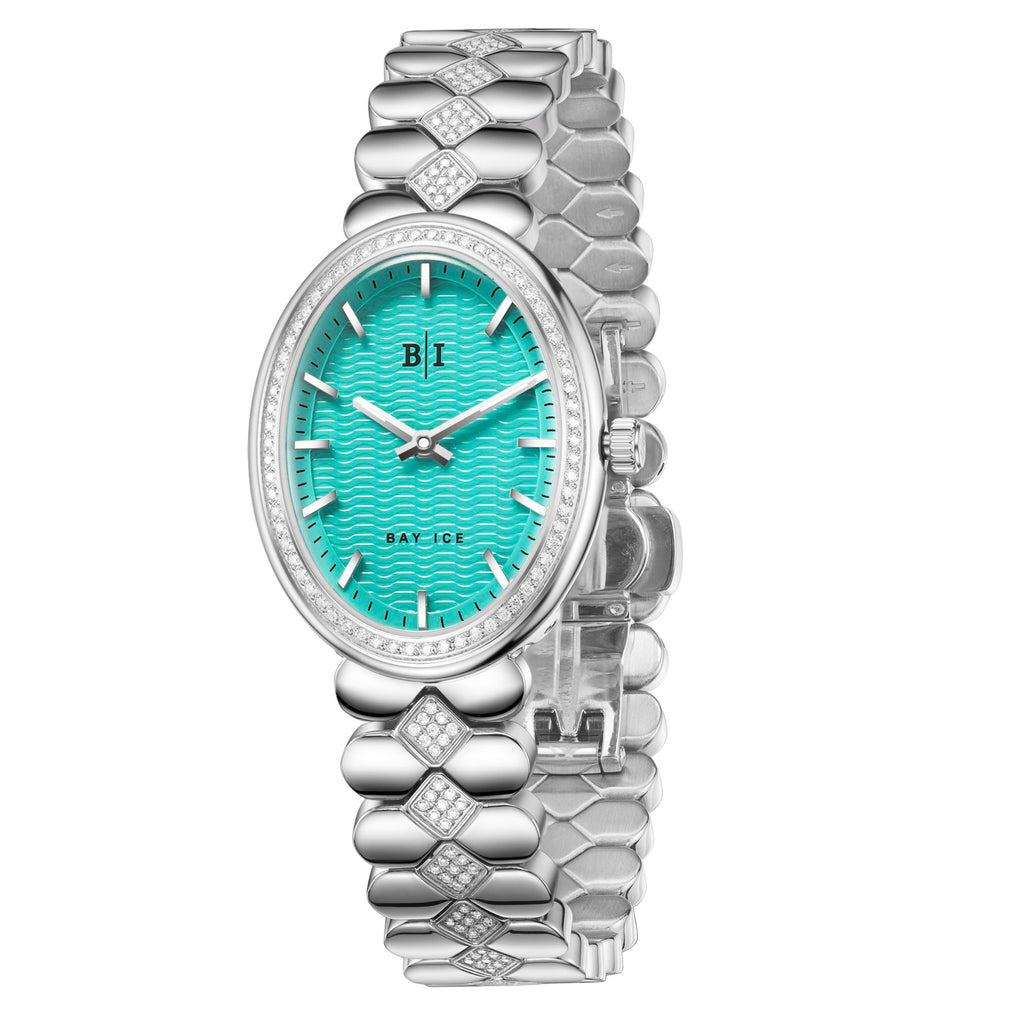 Bay Ice Halo - 26mm Diamond Bezel Mid Link Silver and Turquoise Blue Dial