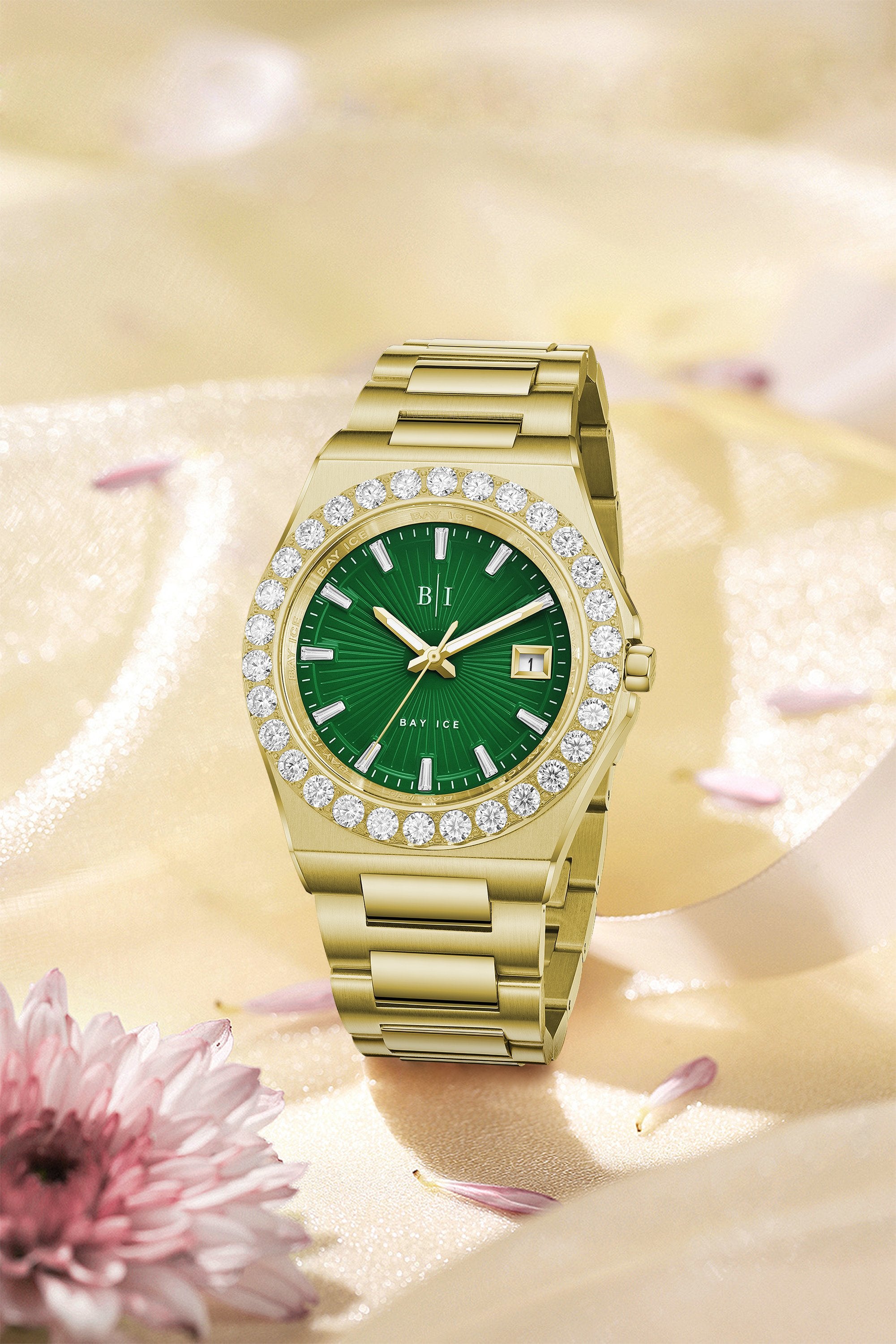 Diamond Bezel - Bay Ice 36mm Fusion Watch in Gold and Green Dial