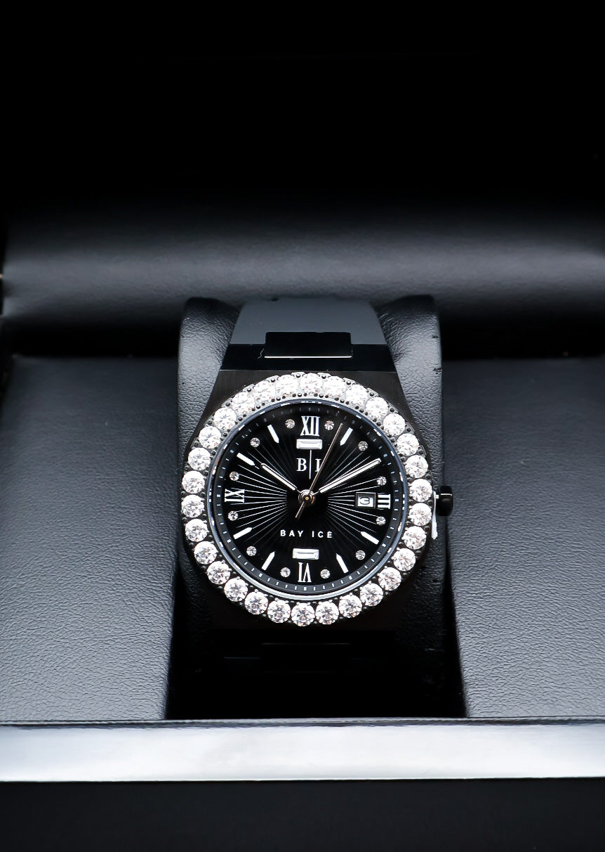 Diamond Bezel - Elite2 Rubber Strap Watch - ALL BLACK (White Bezel)