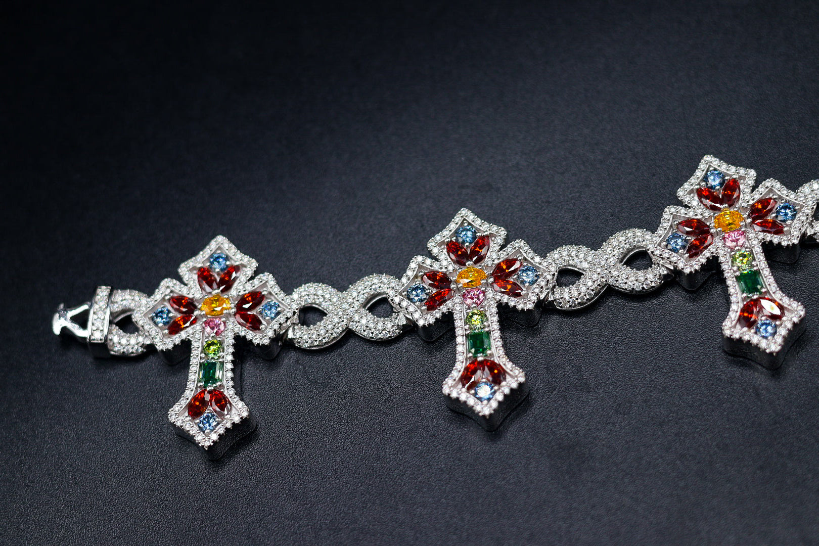 925 Silver and Moissanite Multi-Color Infinity and Cross Bracelet