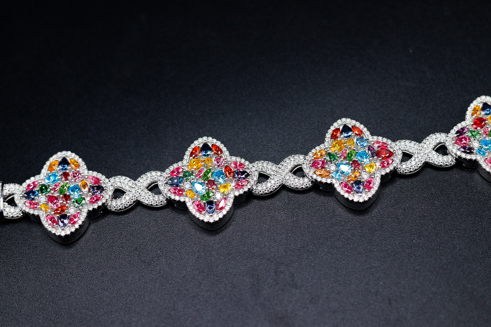 925 Silver and Moissanite Multi-Color Clover Bracelet