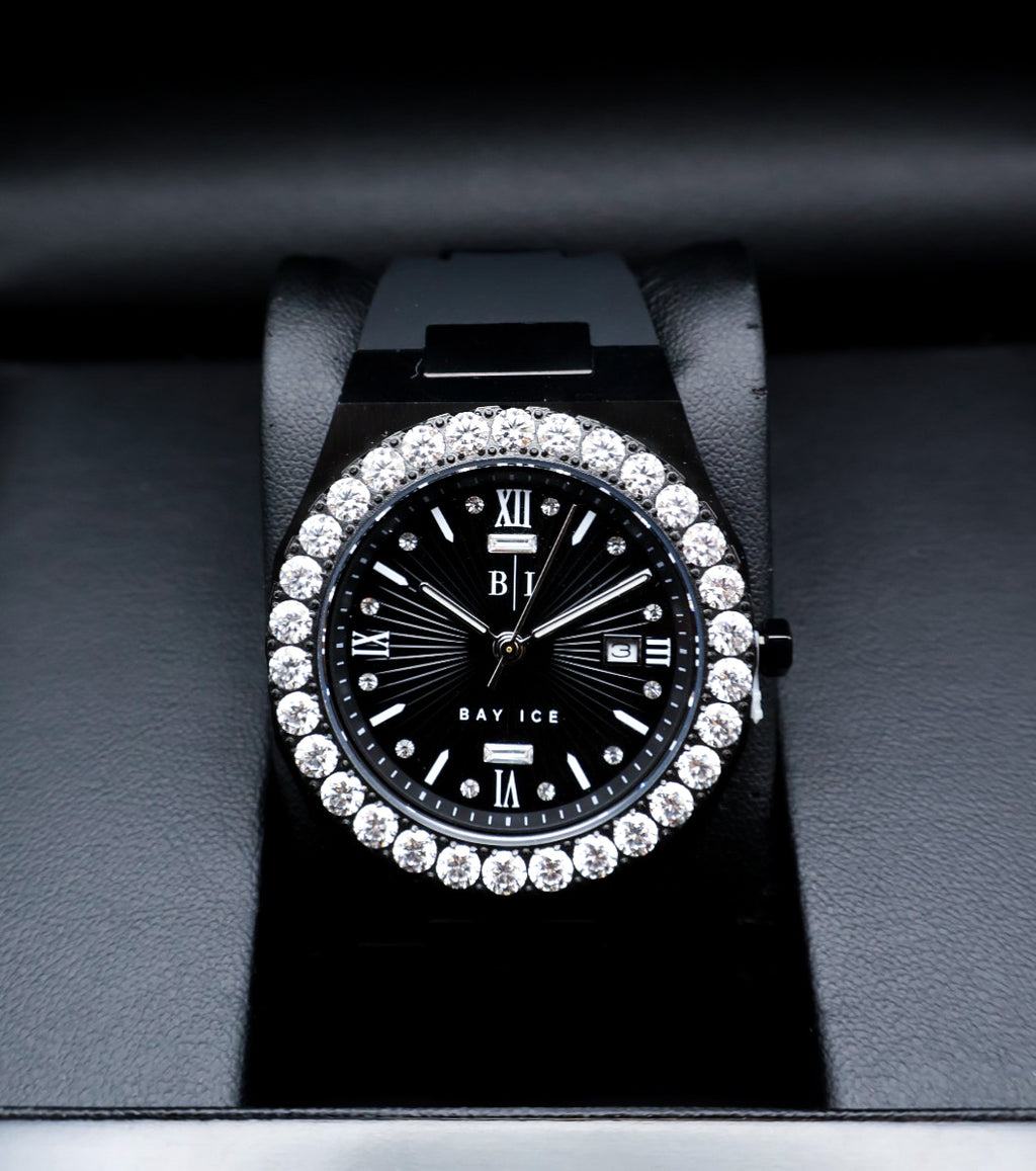Diamond Bezel - Elite2 Rubber Strap Watch - ALL BLACK (White Bezel)