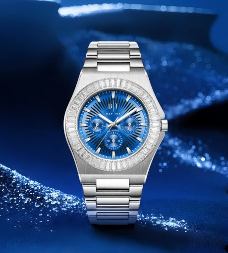 Diamond Baguette - Bay Ice Skylight Watch in Silver and Blue Dial