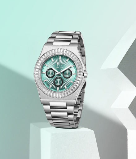 Diamond Baguette - Bay Ice Skylight Watch in Silver and Turquoise Blue Dial