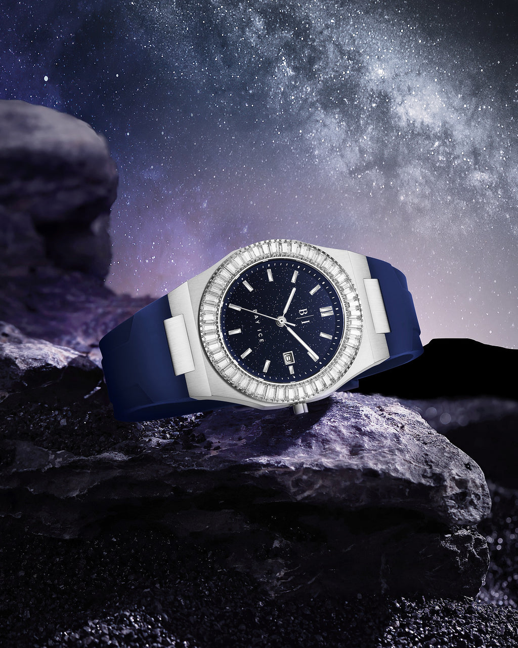 Bay Ice Baguette Bezel Silver and Blue Dial Star Dust Watch with Blue Strap