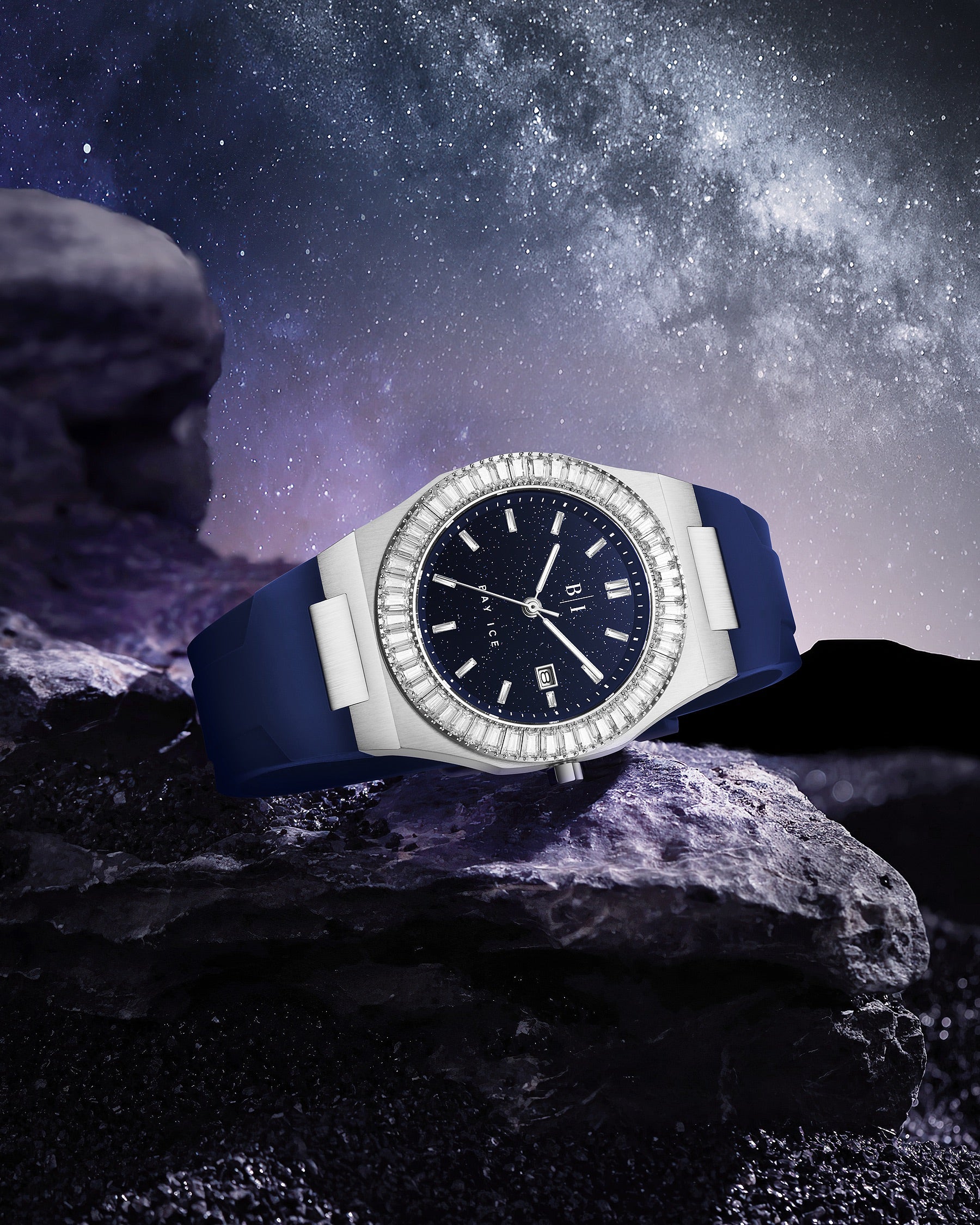 Bay Ice Baguette Bezel Silver and Blue Dial Star Dust Watch with Blue Strap