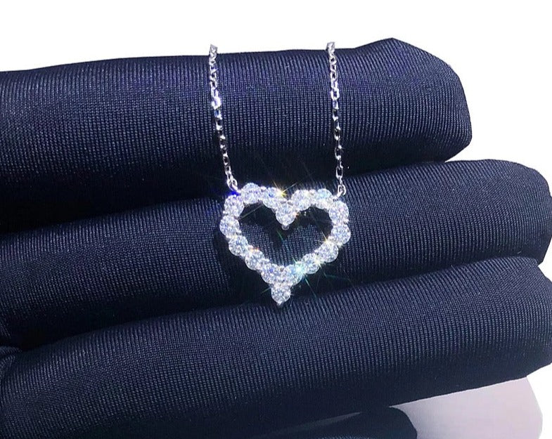 925 Silver VVS Moissanite Diamond Open Heart Necklace for Women