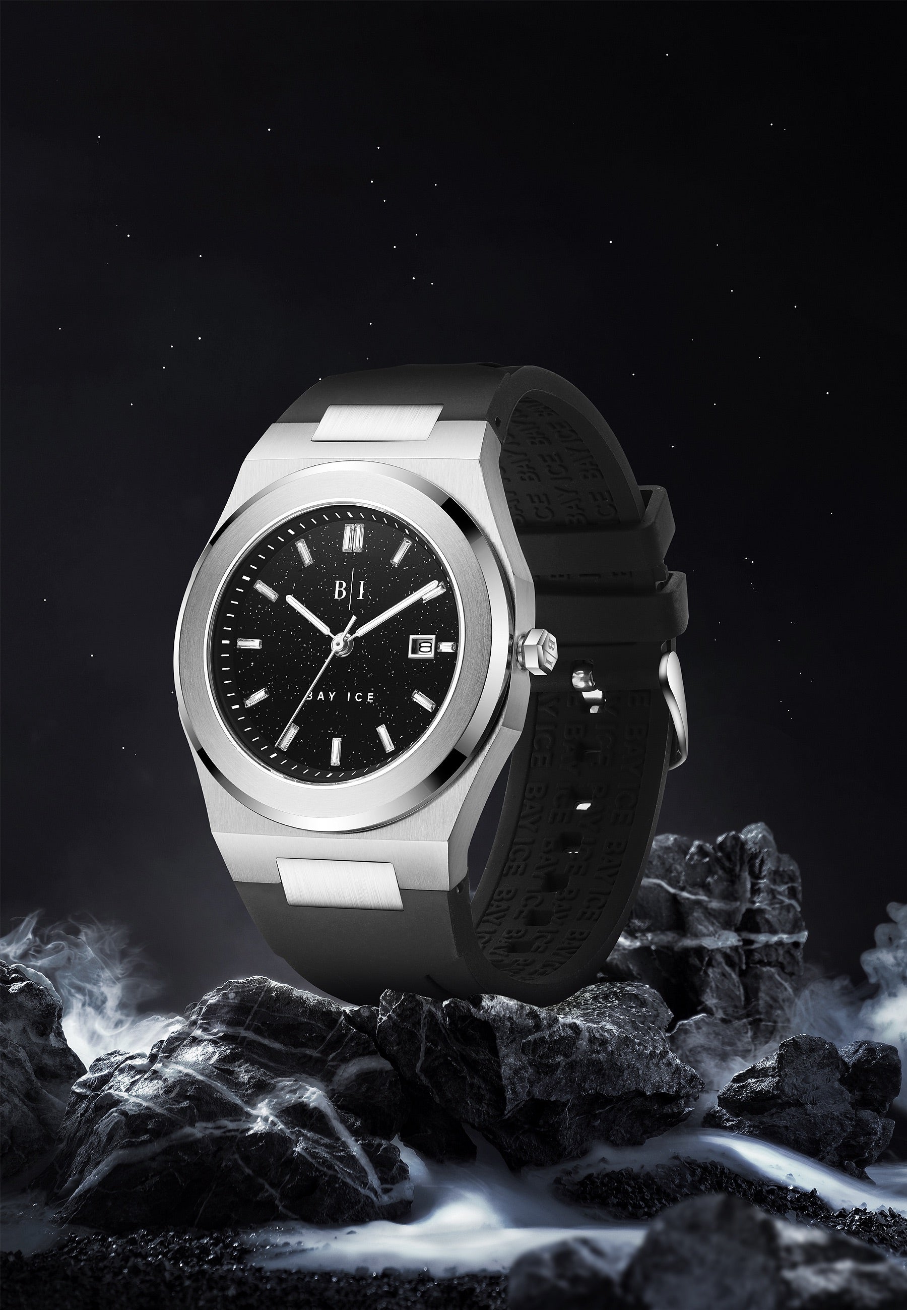 Bay Ice Silver and Black Dial Star Dust Plain Jane Watch