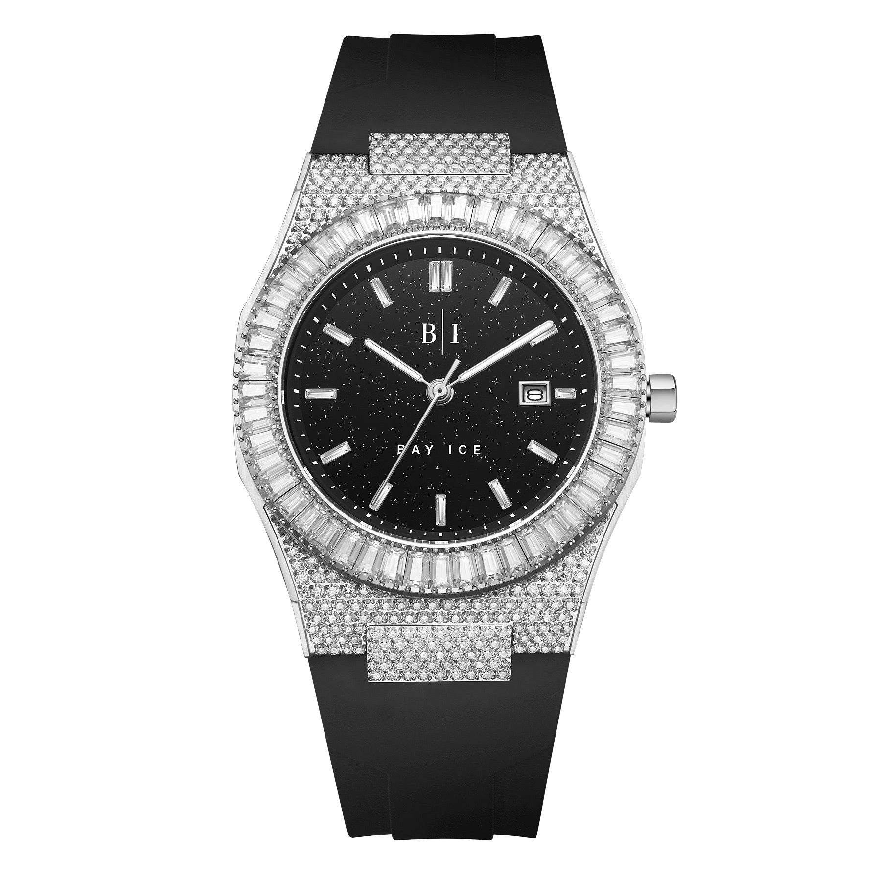 Bay Ice Baguette Bezel Bussdown Silver and Black Dial Star Dust Watch