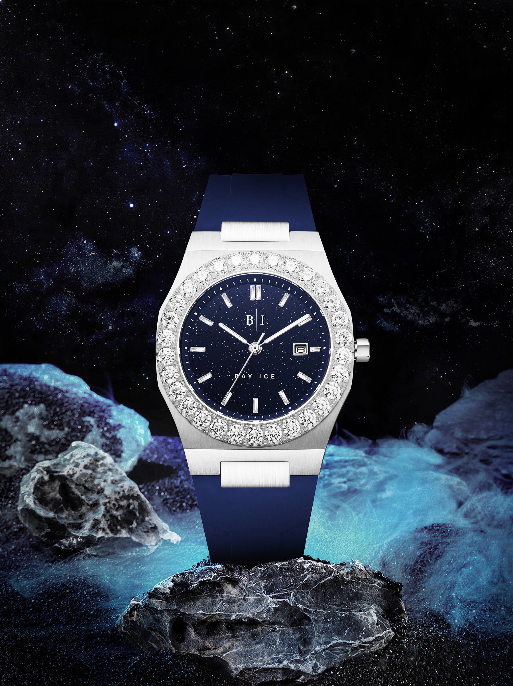 Bay Ice Diamond Bezel Silver and Blue Star Dust Watch with Blue Strap