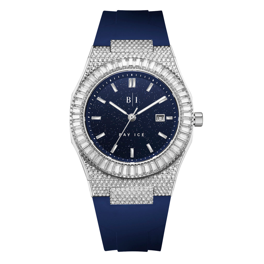 Bay Ice Baguette Bezel Bussdown Silver and Blue Dial Star Dust Watch with Blue Strap