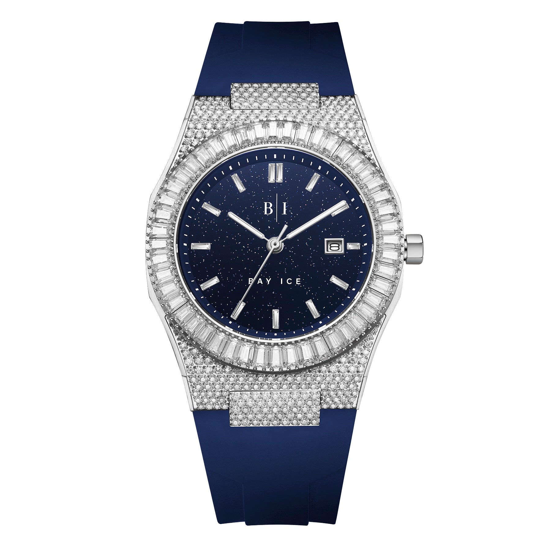 Bay Ice Baguette Bezel Bussdown Silver and Blue Dial Star Dust Watch with Blue Strap