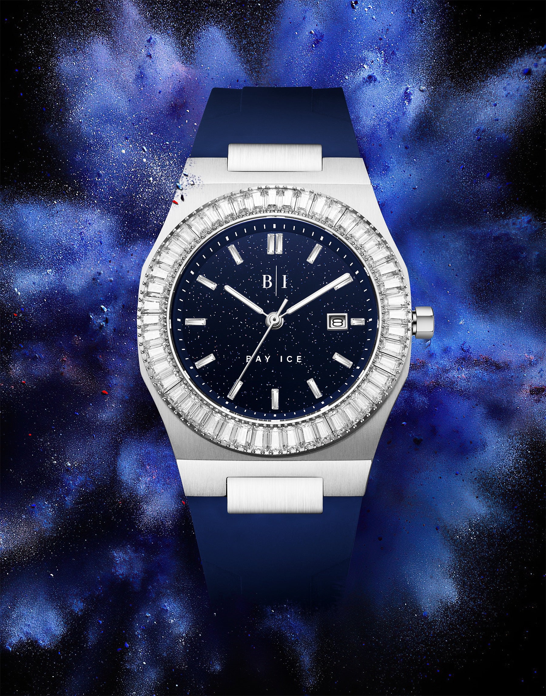 Bay Ice Baguette Bezel Silver and Blue Dial Star Dust Watch with Blue Strap