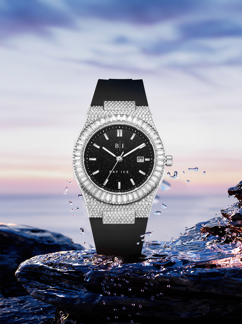 Bay Ice Baguette Bezel Bussdown Silver and Black Dial Star Dust Watch