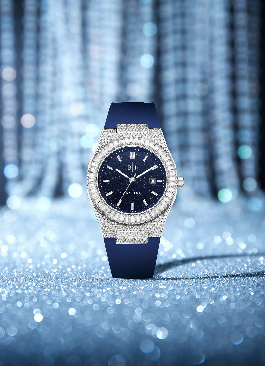 Bay Ice Baguette Bezel Bussdown Silver and Blue Dial Star Dust Watch with Blue Strap