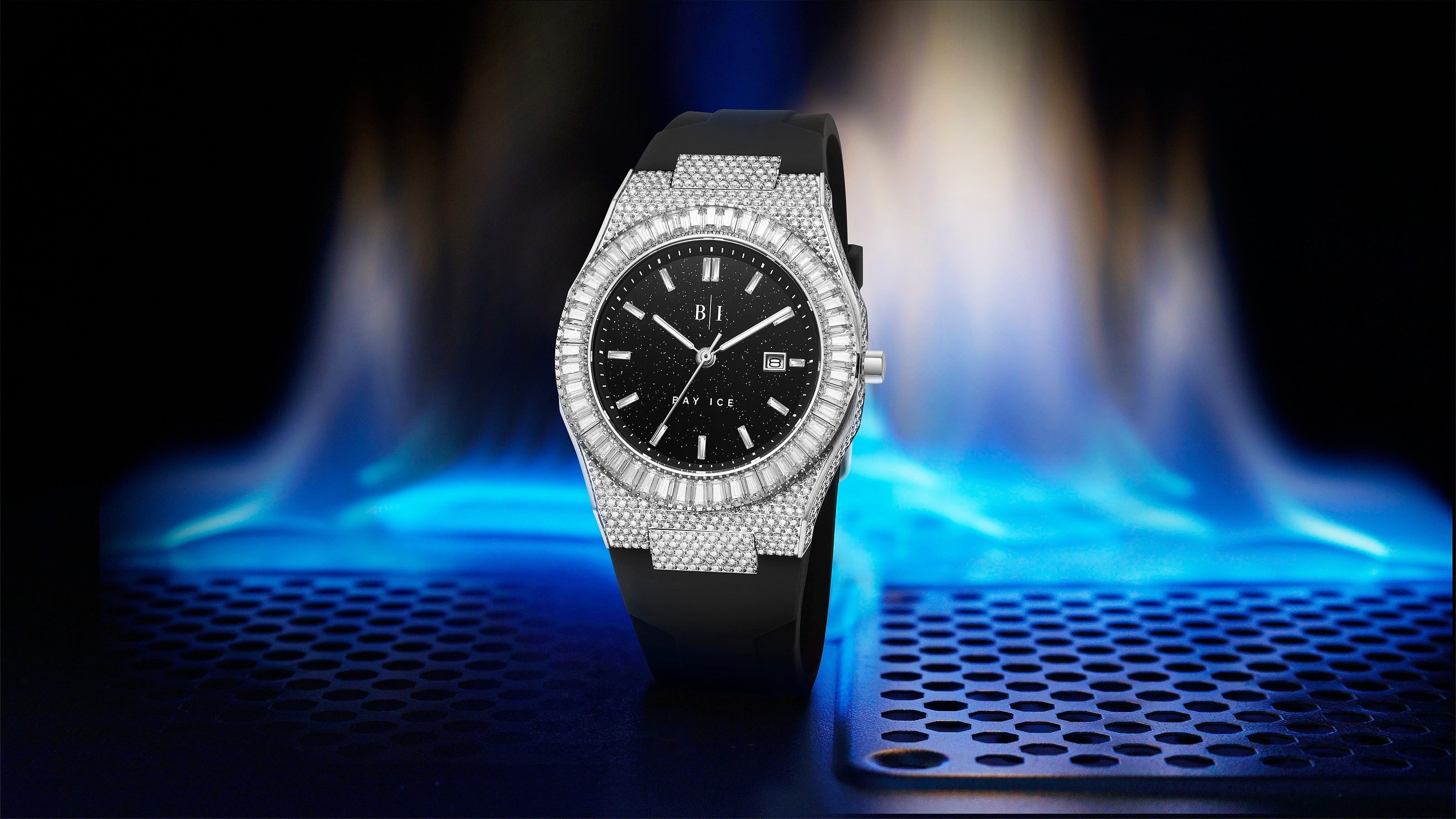 Bay Ice Baguette Bezel Bussdown Silver and Black Dial Star Dust Watch