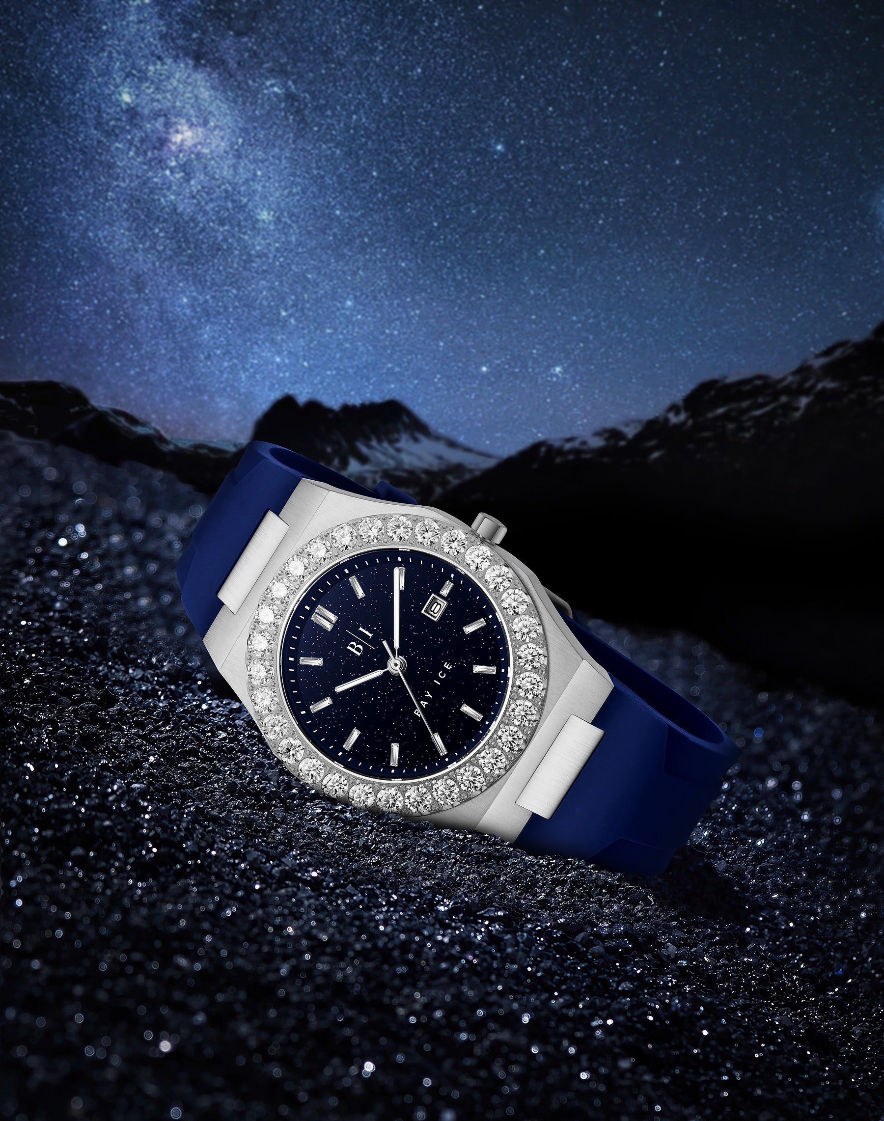 Bay Ice Diamond Bezel Silver and Blue Star Dust Watch with Blue Strap