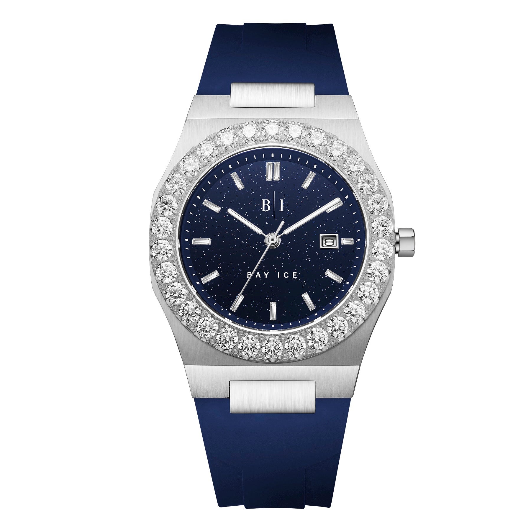 Bay Ice Diamond Bezel Silver and Blue Star Dust Watch with Blue Strap