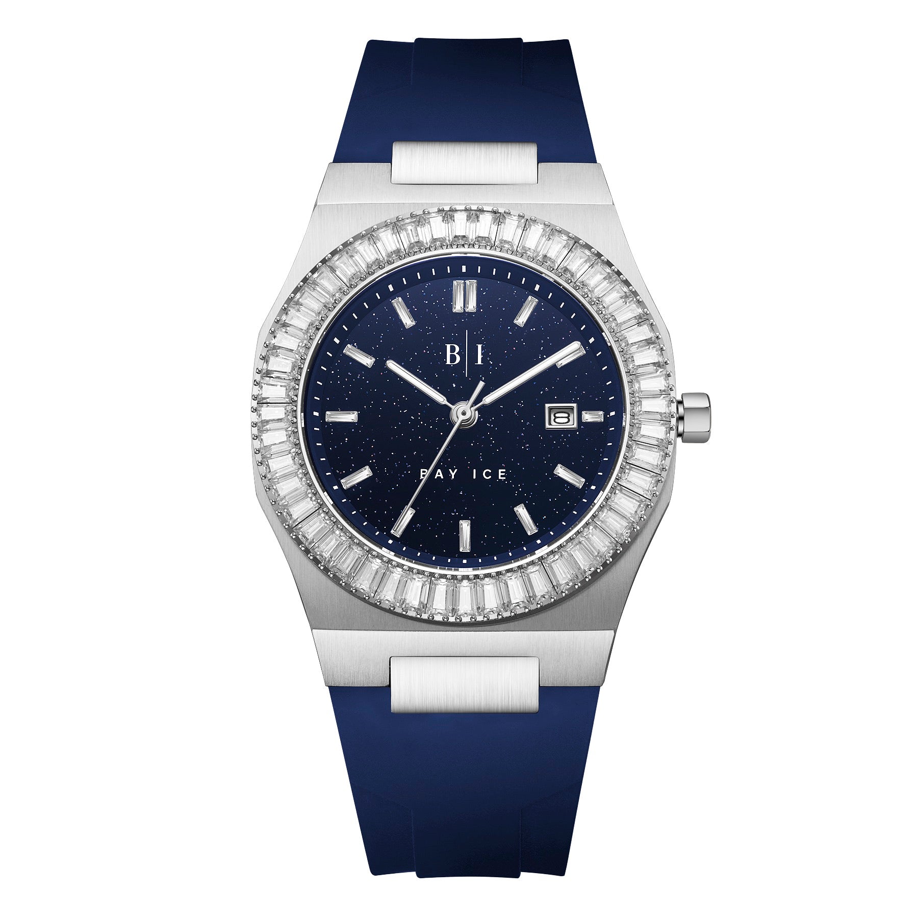 Bay Ice Baguette Bezel Silver and Blue Dial Star Dust Watch with Blue Strap