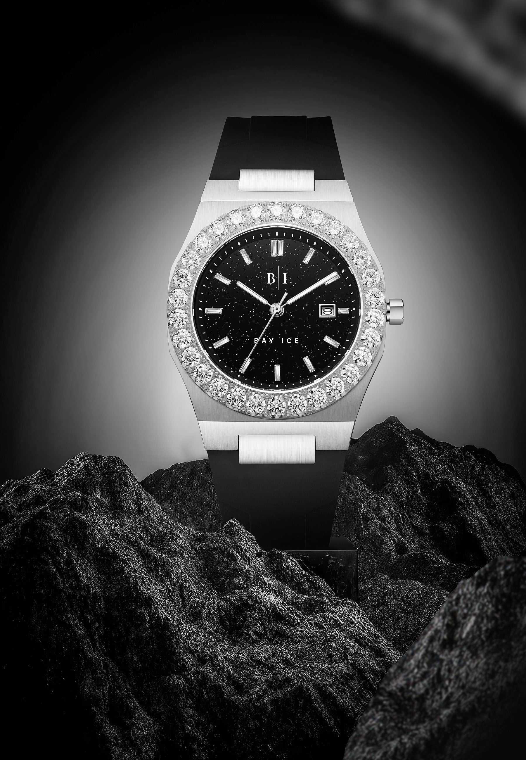 Bay Ice Diamond Bezel Silver and Black Star Dust Watch
