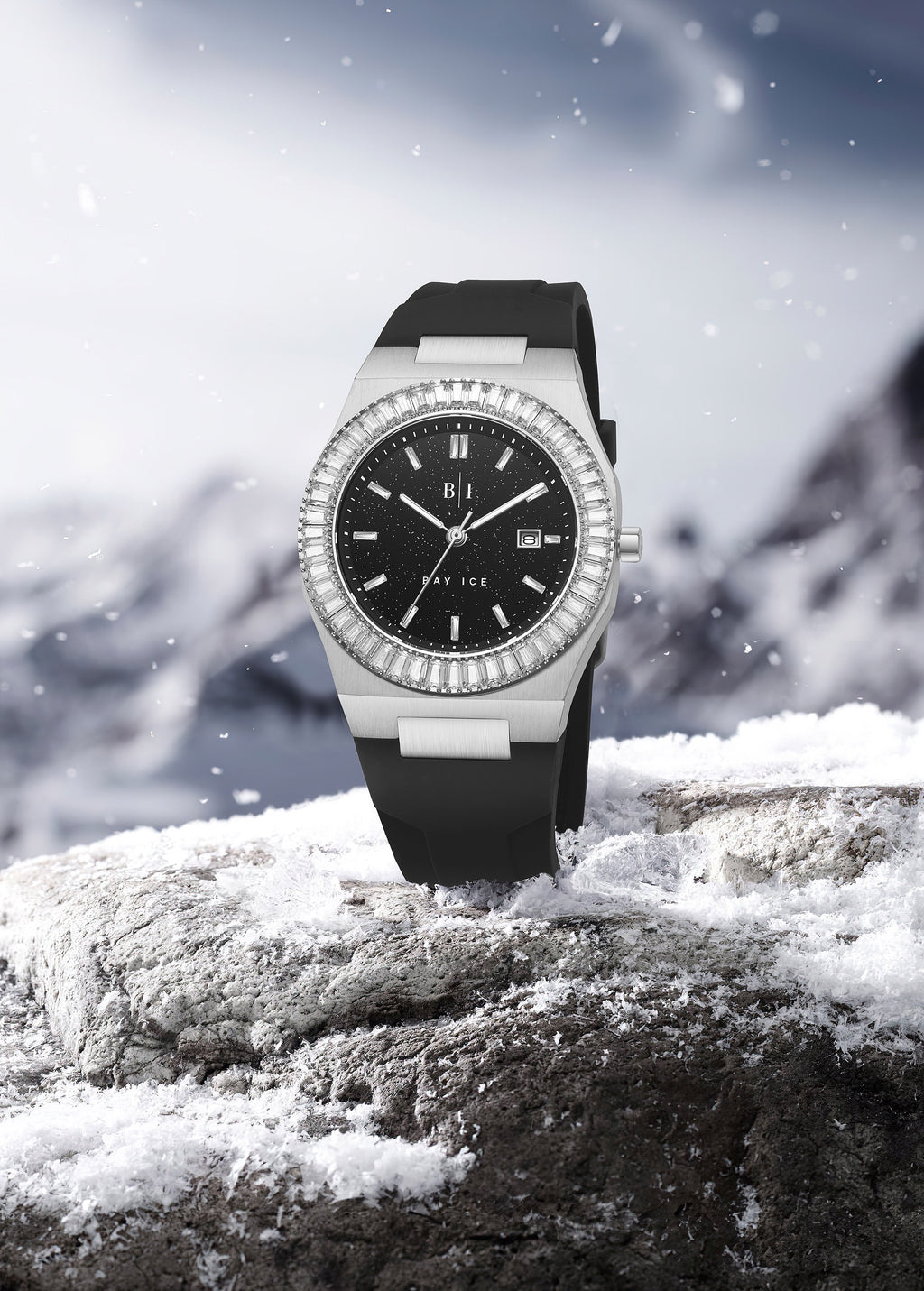 Bay Ice Baguette Bezel Silver and Black Dial Star Dust Watch