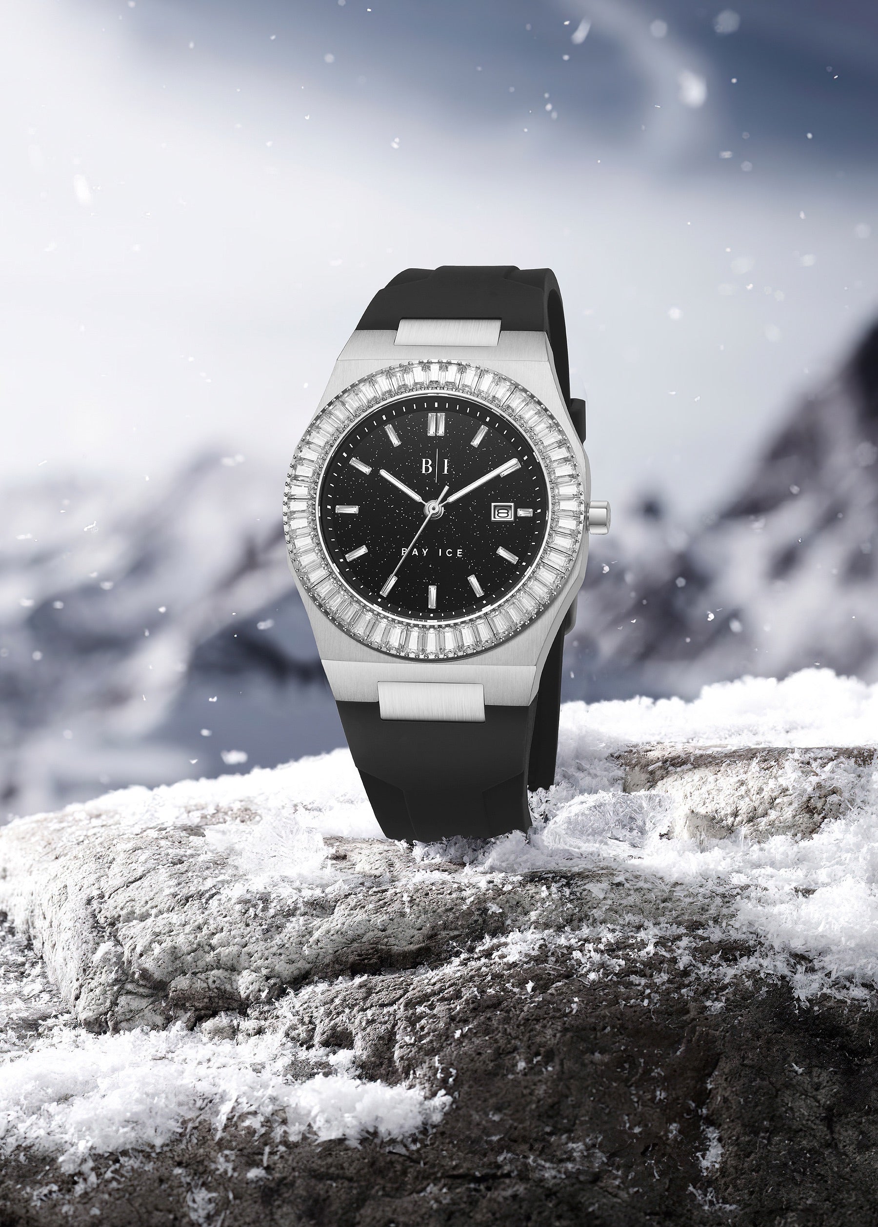 Bay Ice Baguette Bezel Silver and Black Dial Star Dust Watch