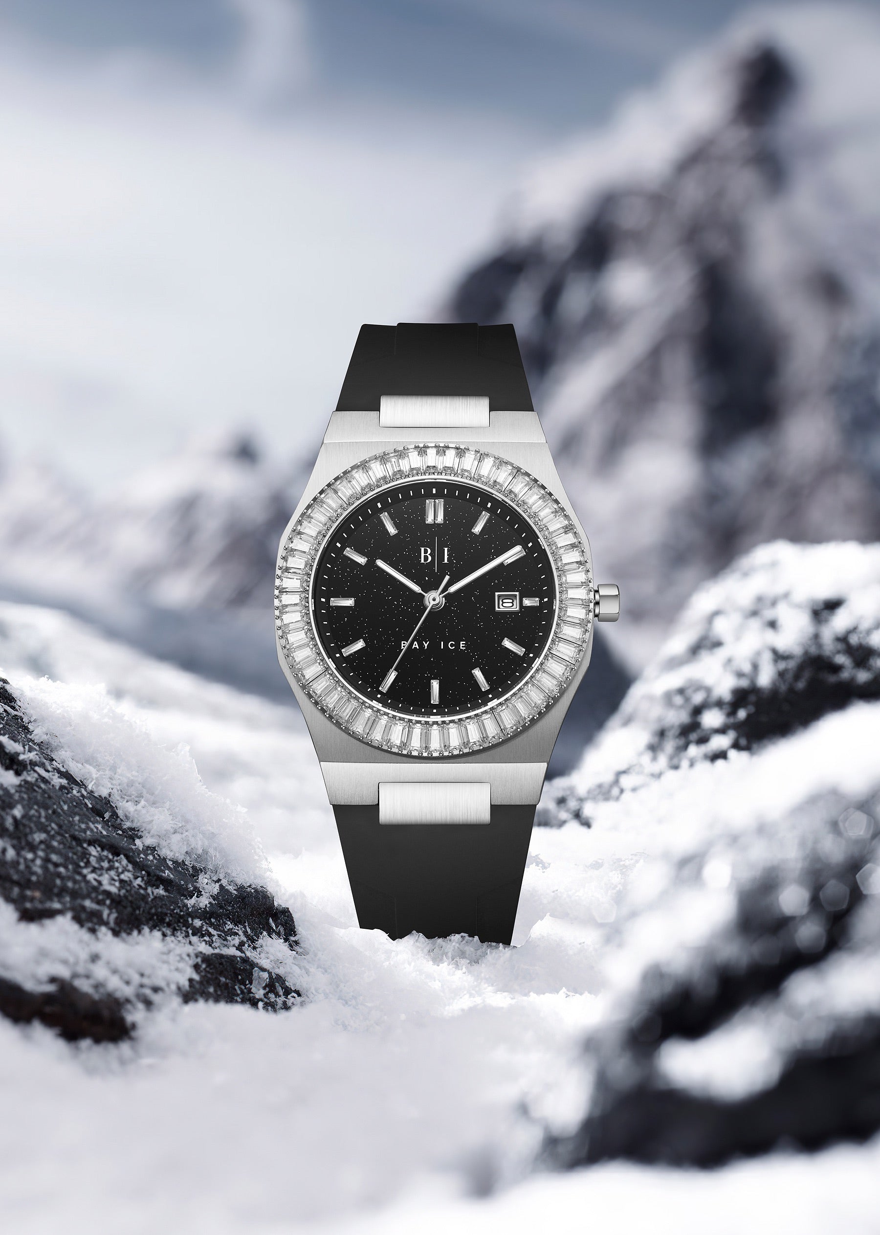 Bay Ice Baguette Bezel Silver and Black Dial Star Dust Watch